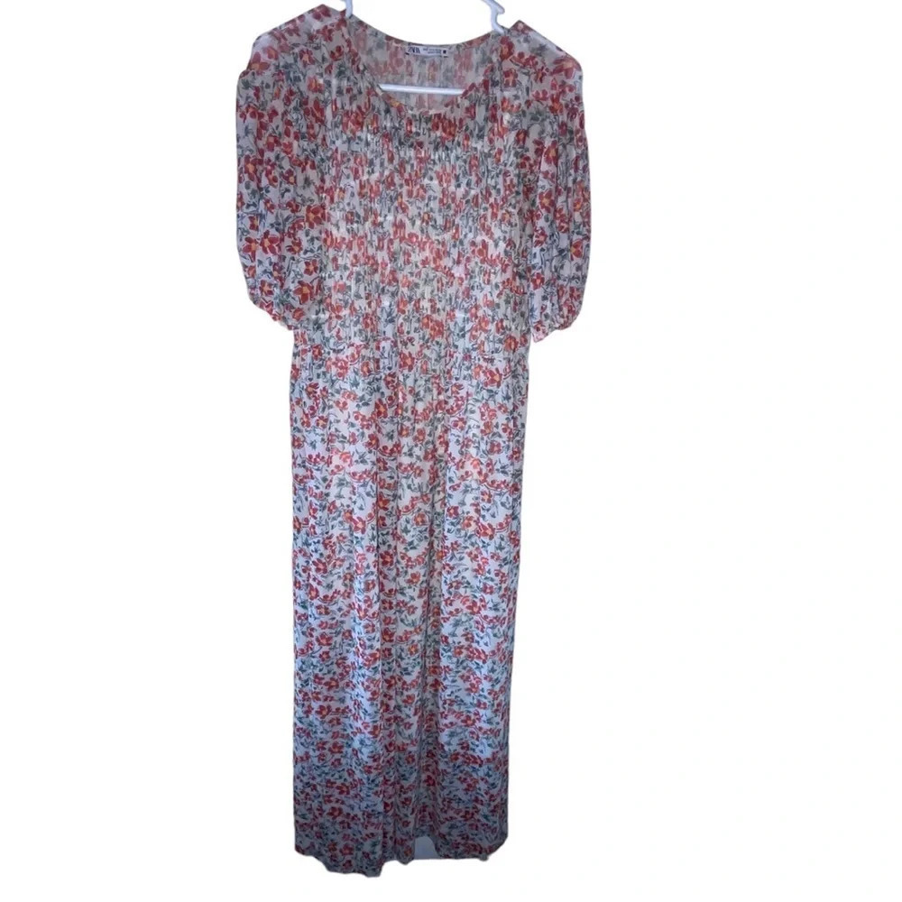 ZARA Floral Smocked Maxi Dress Puff Sleeve Size Small Bohemian Preppy Casual